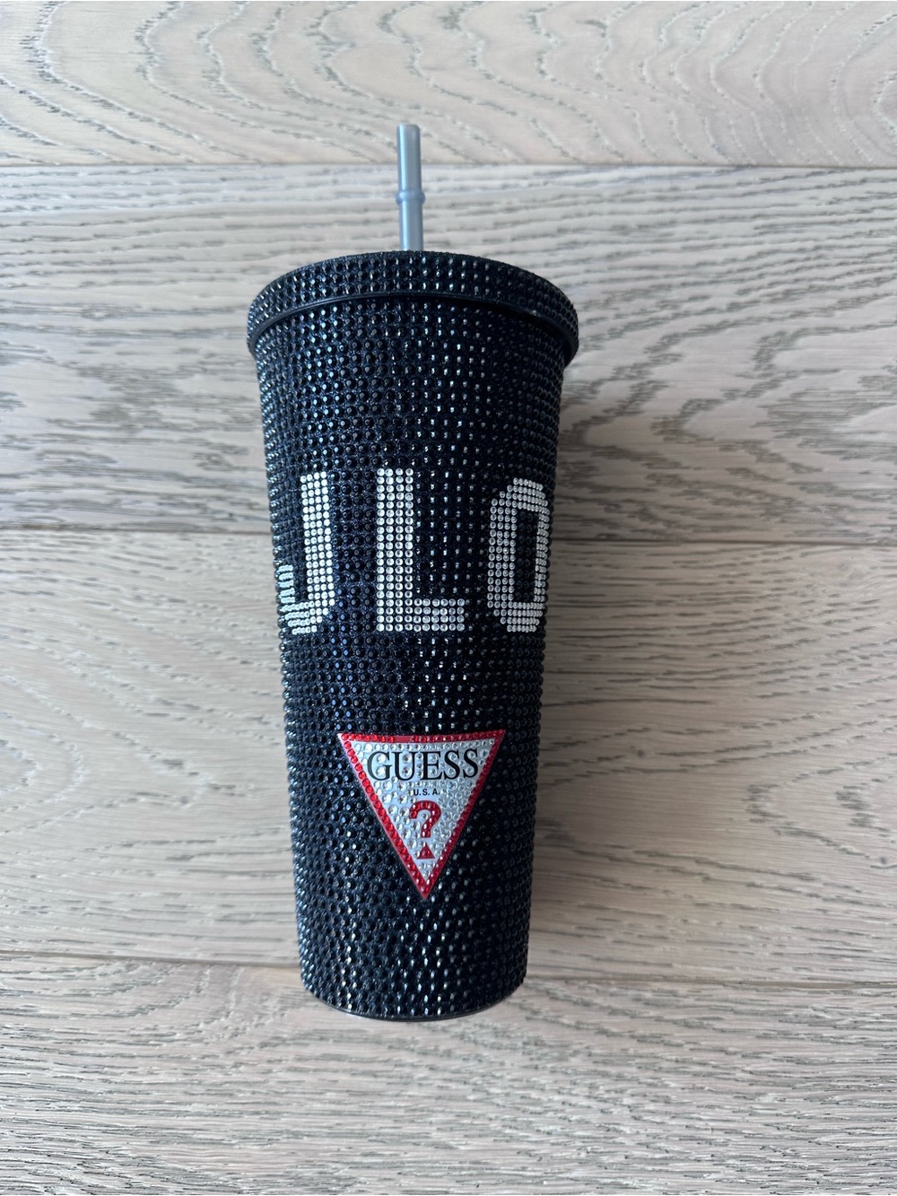 Guess JLO Black Jeweled Logo Tumbler with Silver Accents